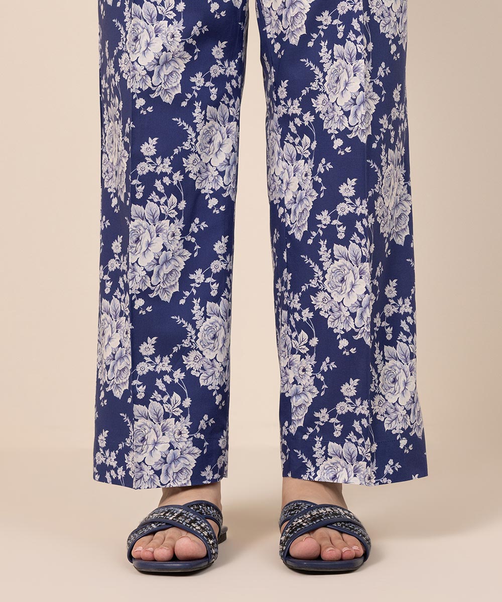 Women's Pret Cambric Blue Printed Straight Pants