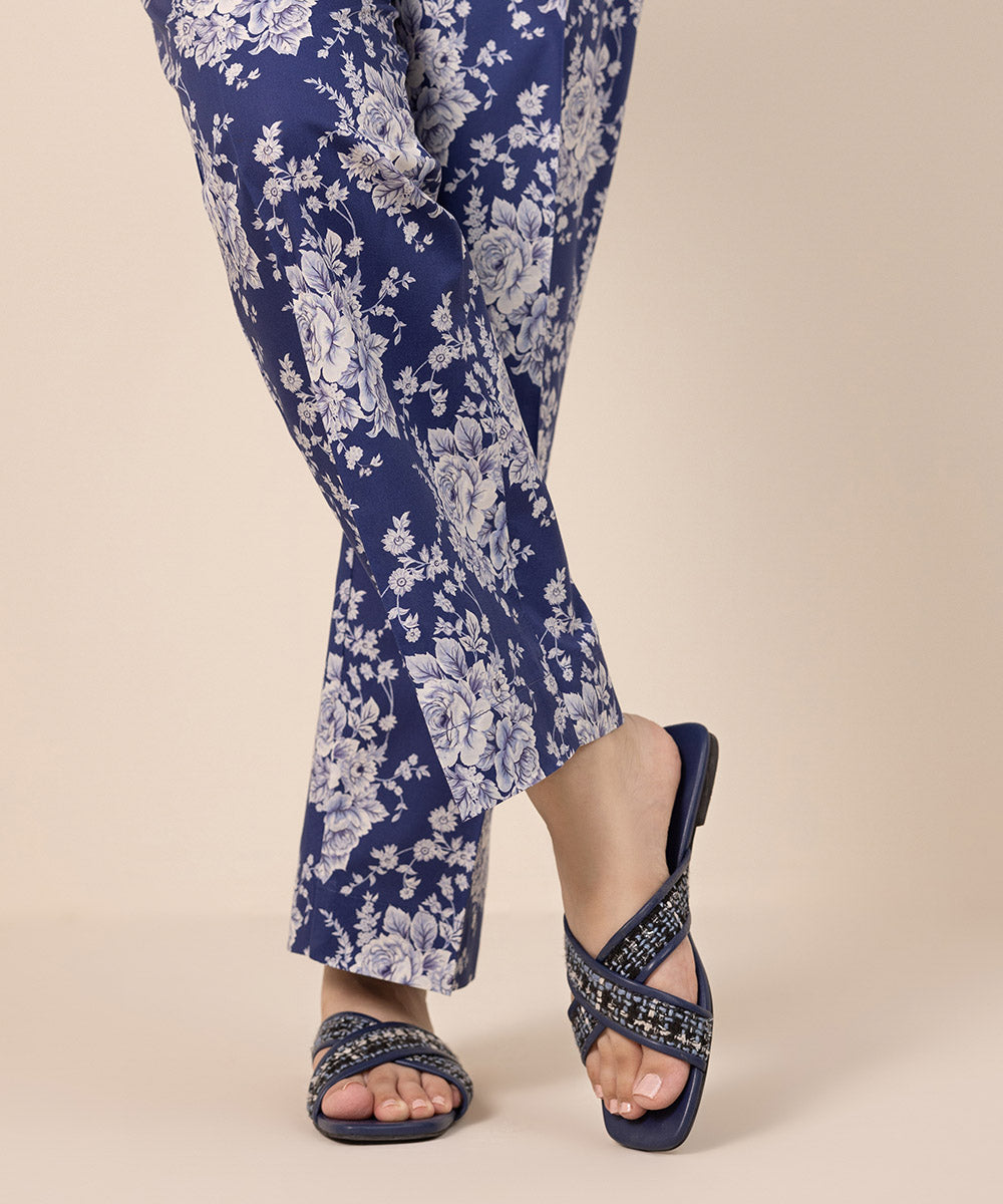 Women's Pret Cambric Blue Printed Straight Pants