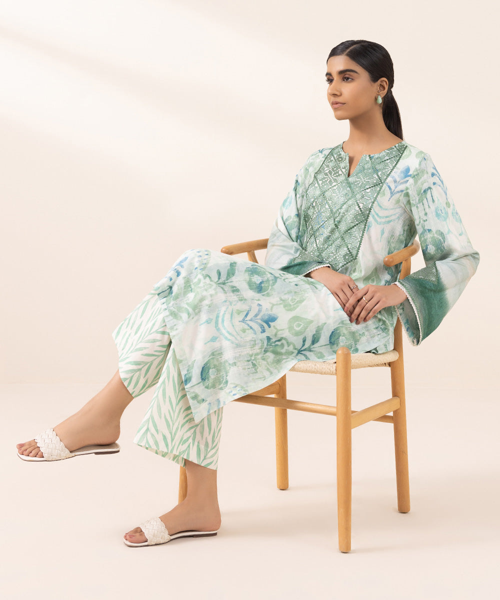 Women's Pret Arabic Lawn Printed Embroidered Green Straight Shirt