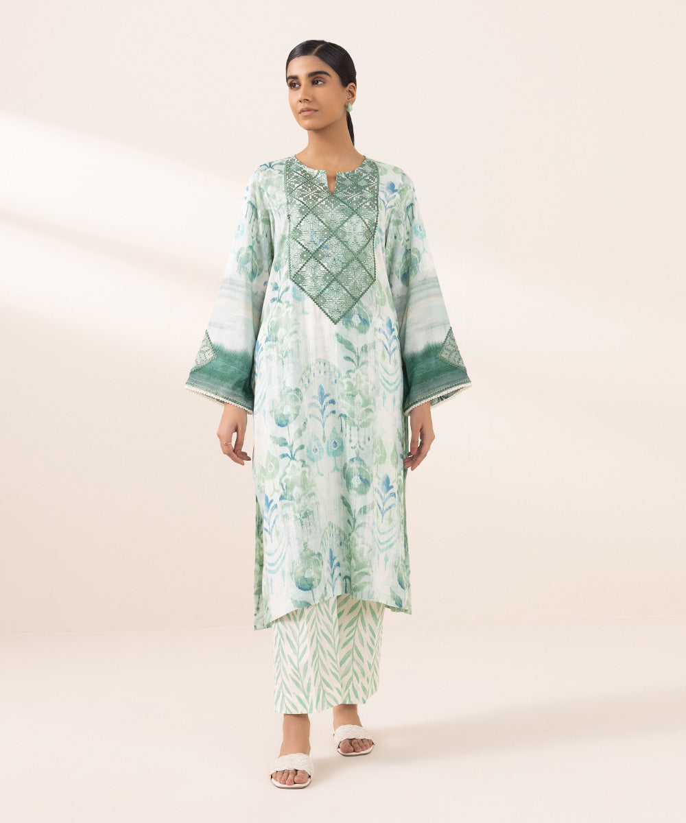 Women's Pret Arabic Lawn Printed Embroidered Green Straight Shirt