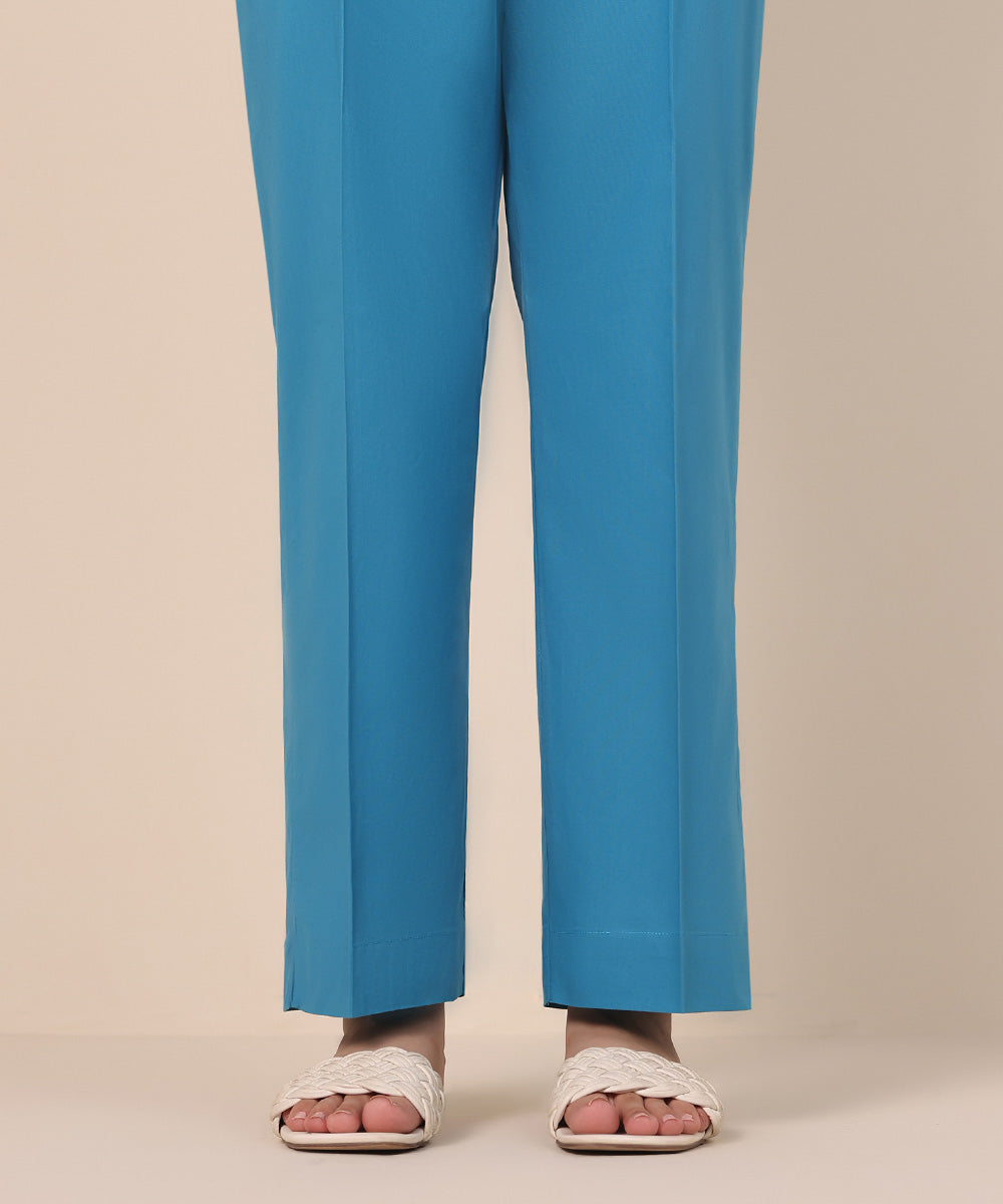 Women's Pret Cambric Blue Solid Straight Pants