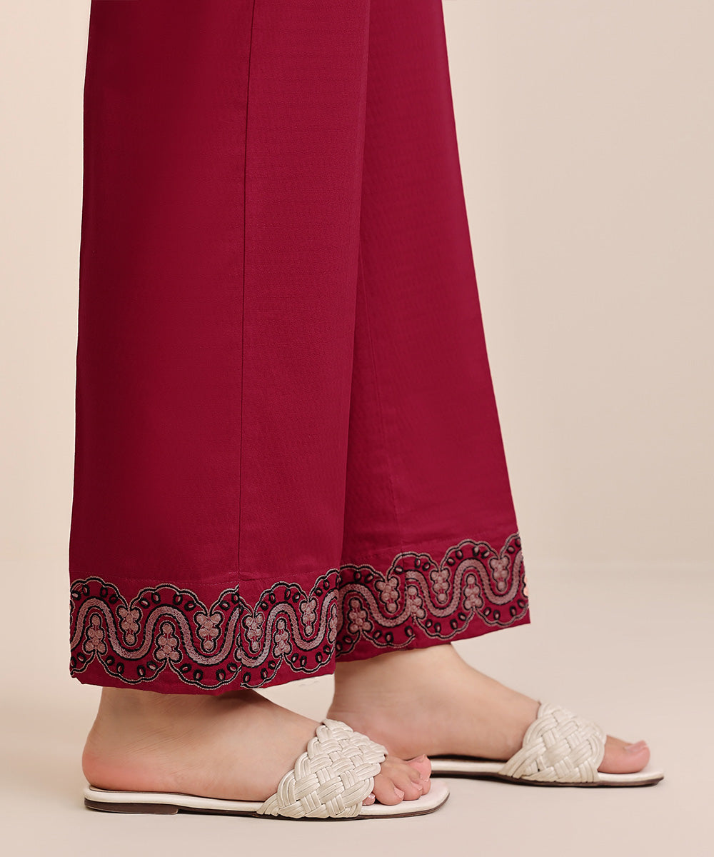 Women's Pret Dobby Red Solid Embroidered Straight Pants