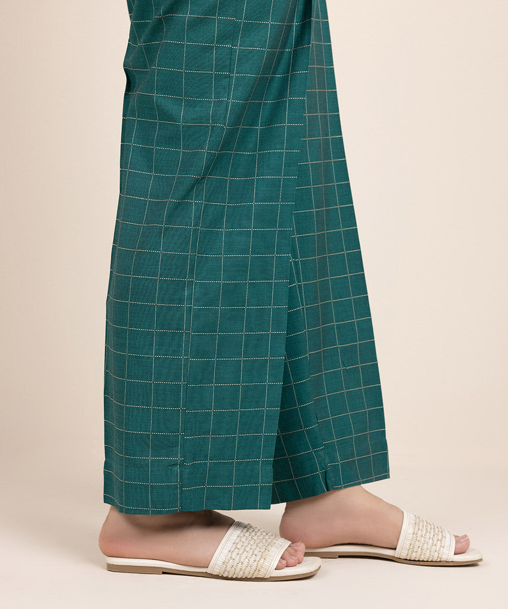 Women's Pret Yarn Dyed Cotton Solid Green Straight Pants