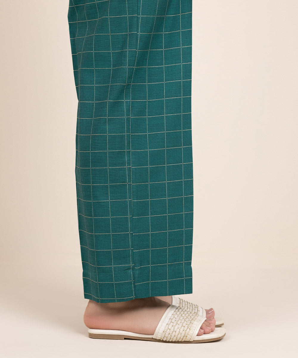 Women's Pret Yarn Dyed Cotton Solid Green Straight Pants