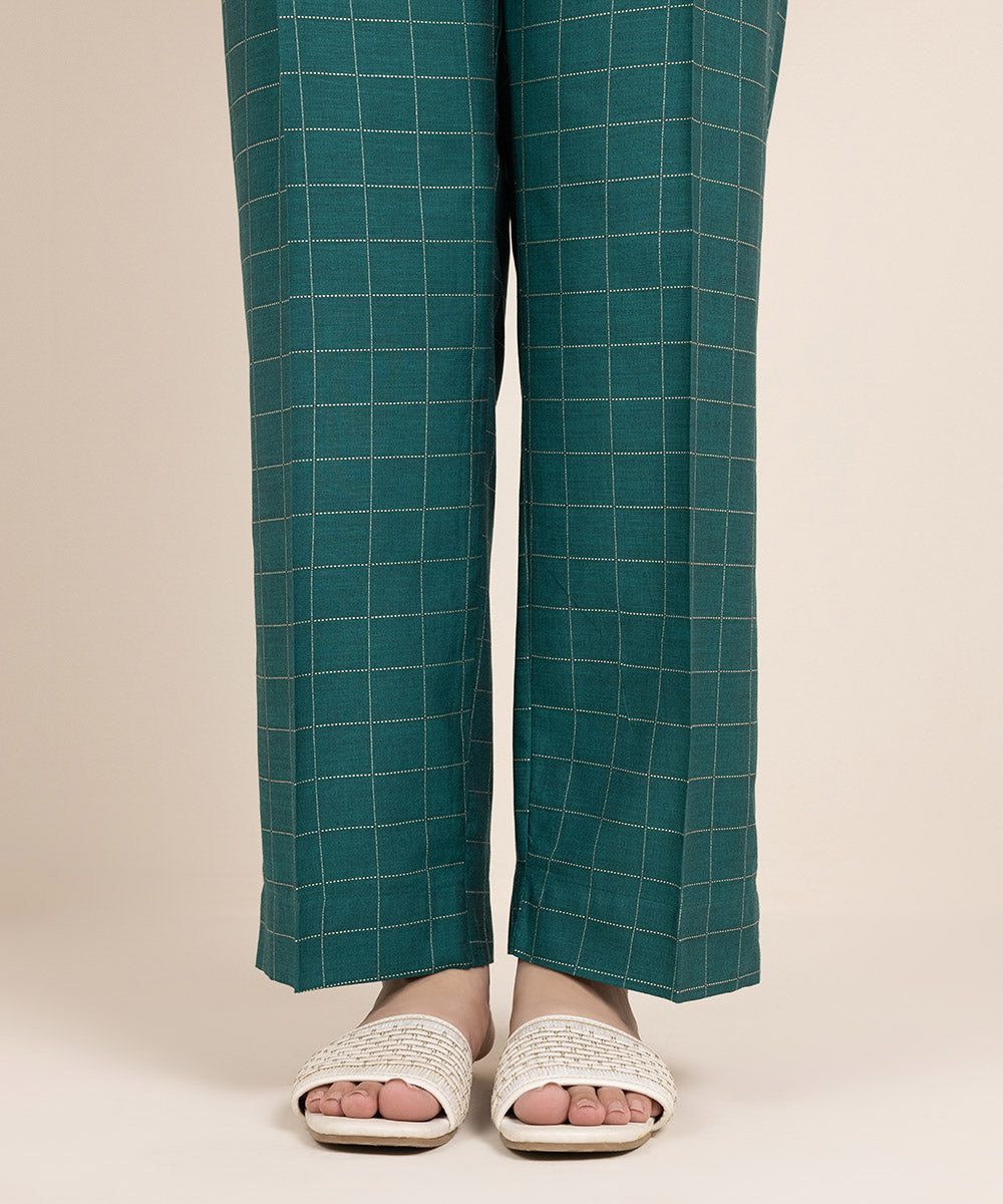 Women's Pret Yarn Dyed Cotton Solid Green Straight Pants