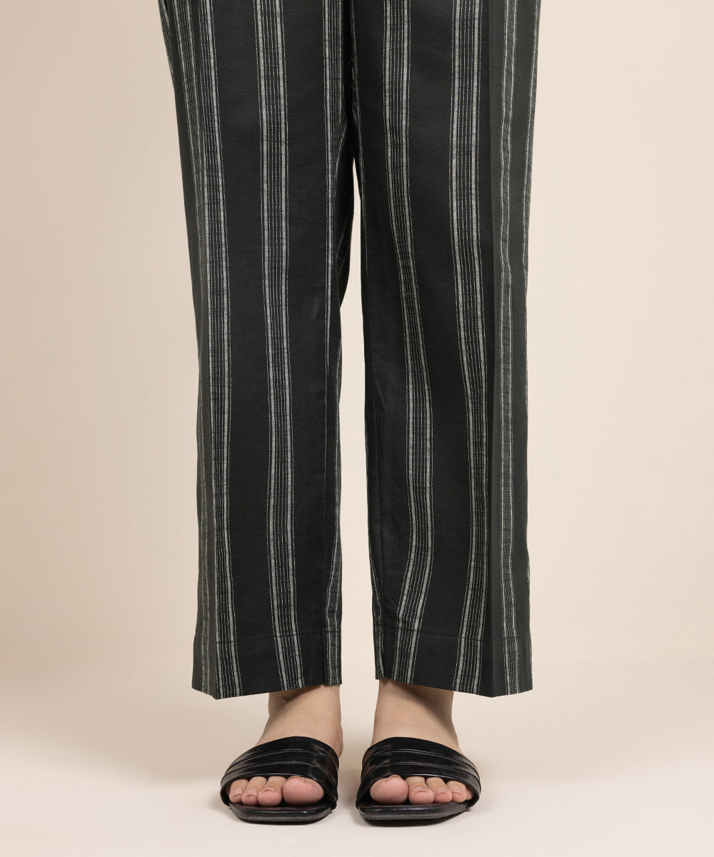 Women's Pret Yarn Dyed Cotton Solid Black Straight Pants