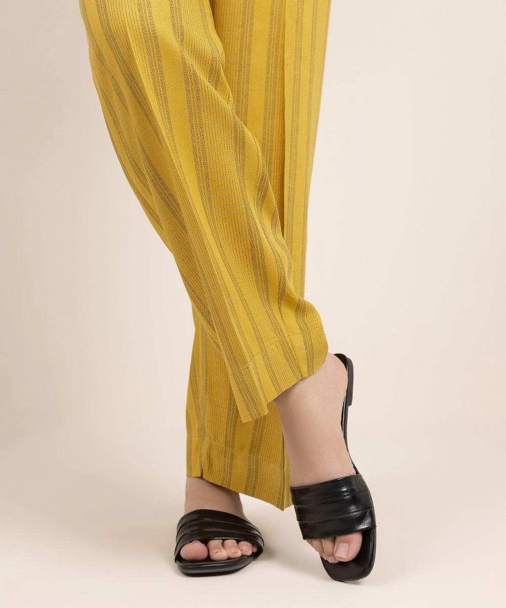 Women's Pret Yarn Dyed Cotton Solid Yellow Straight Pants