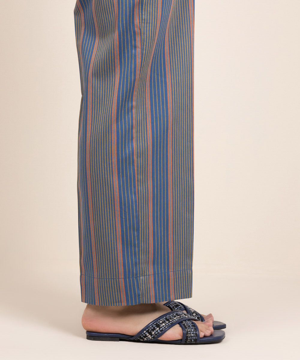 Women's Pret Yarn Dyed Cotton Solid Blue Straight Pants