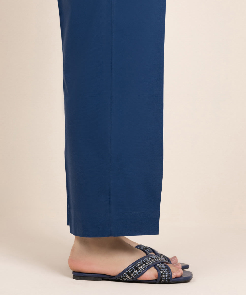 Women's Pret Cambric Solid Blue Straight Pants