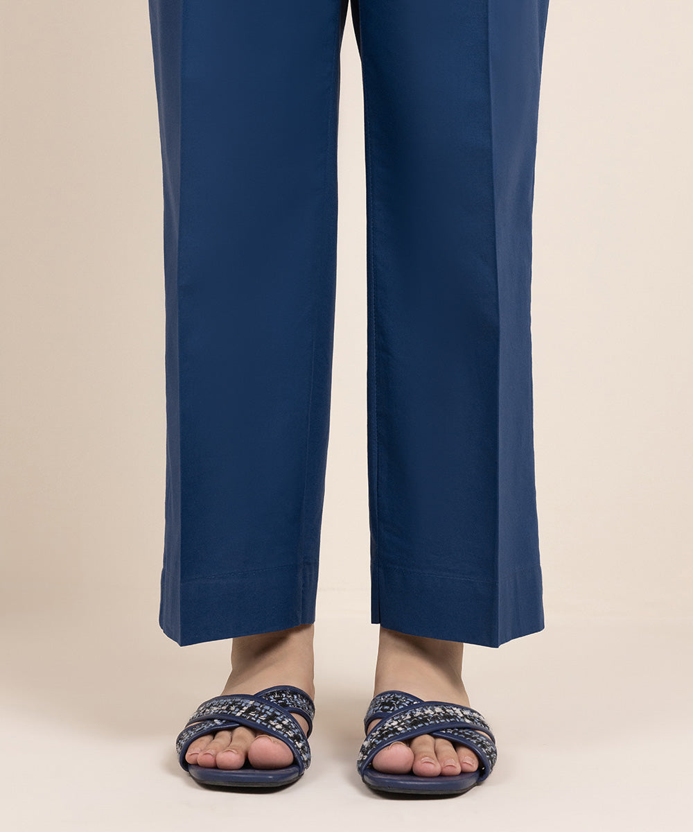 Women's Pret Cambric Solid Blue Straight Pants