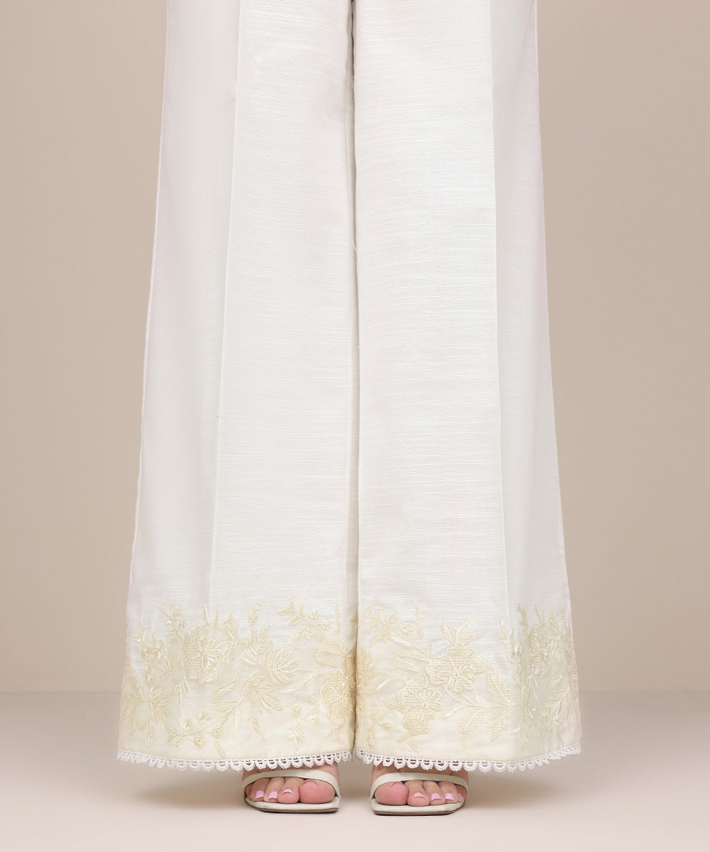 Women's Pret Khaddar White Embroidered Flared Pants