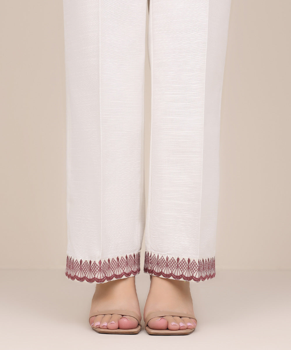 Women's Pret Khaddar White Embroidered Straight Pants