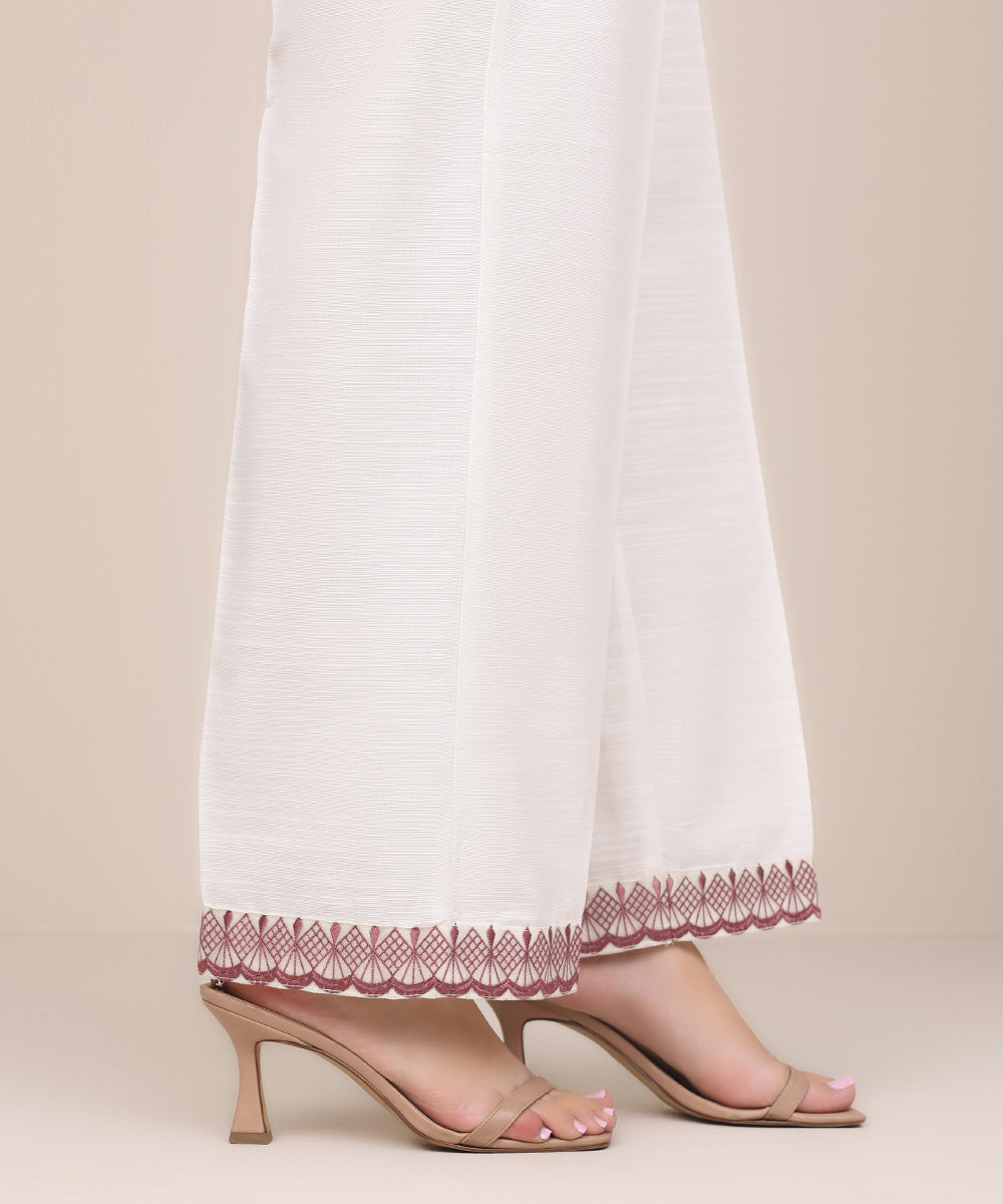 Women's Pret Khaddar White Embroidered Straight Pants