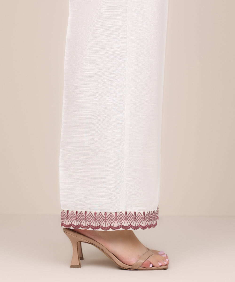 Women's Pret Khaddar White Embroidered Straight Pants