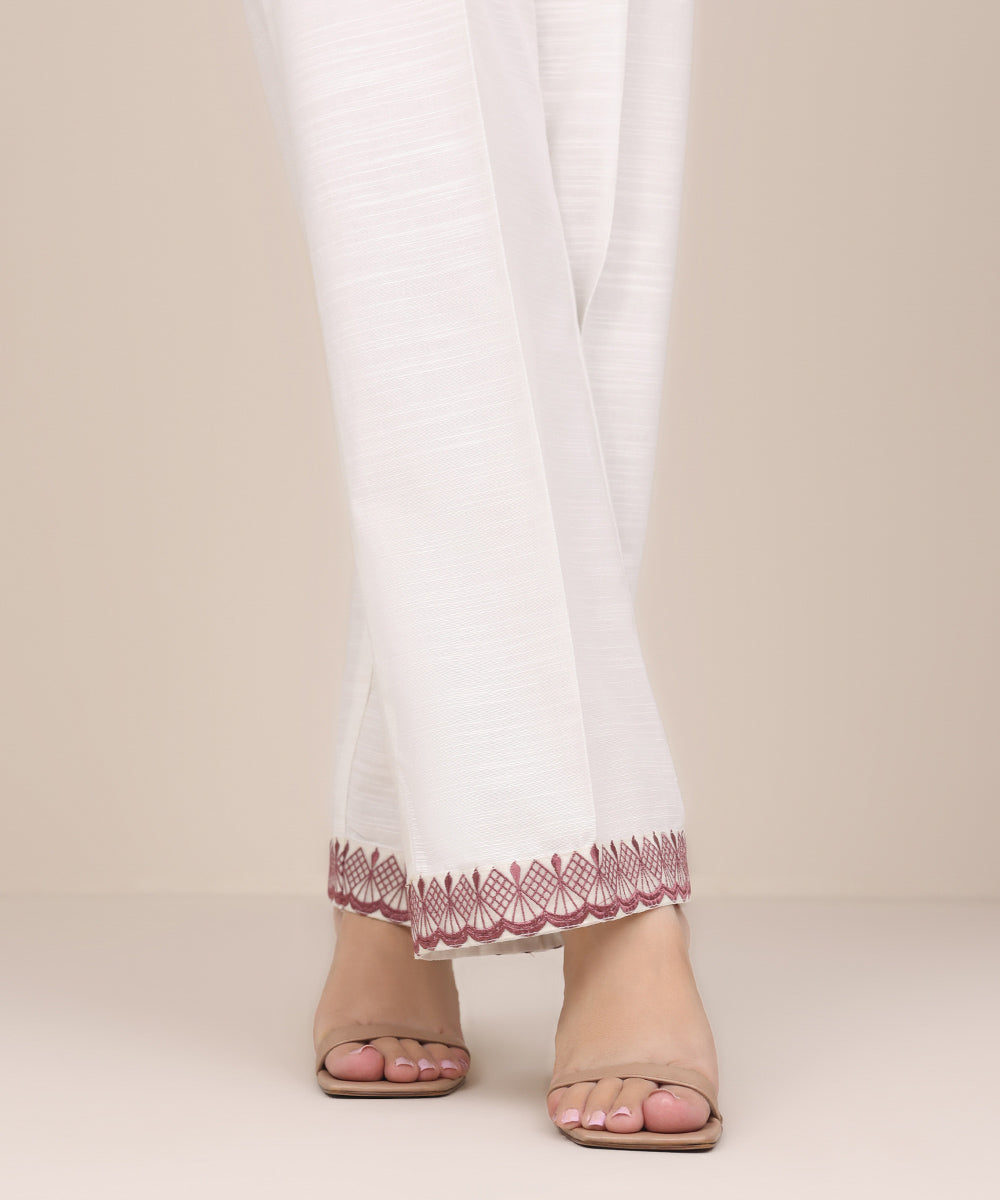 Women's Pret Khaddar White Embroidered Straight Pants