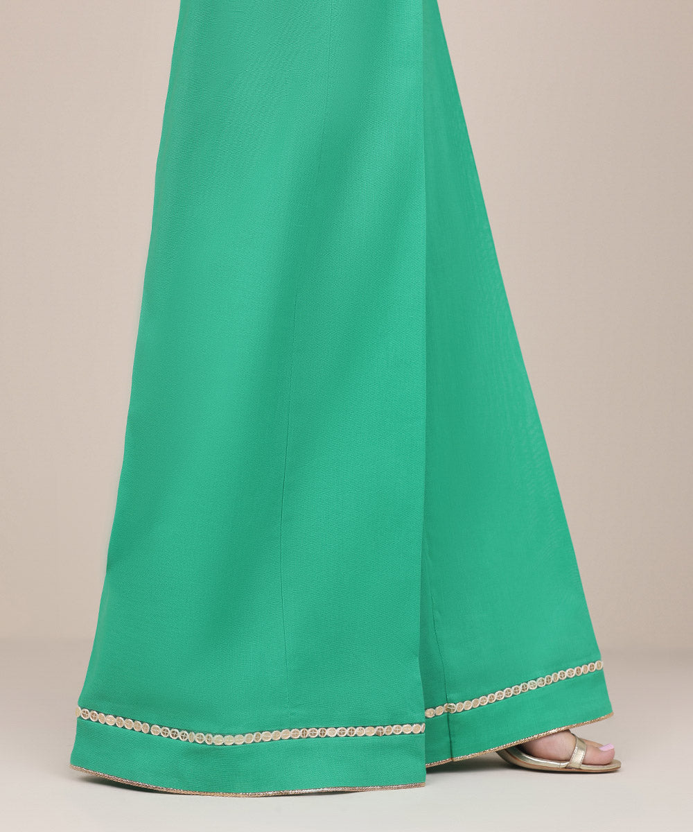 Women's Pret Khaddar Green Solid Flared Pants