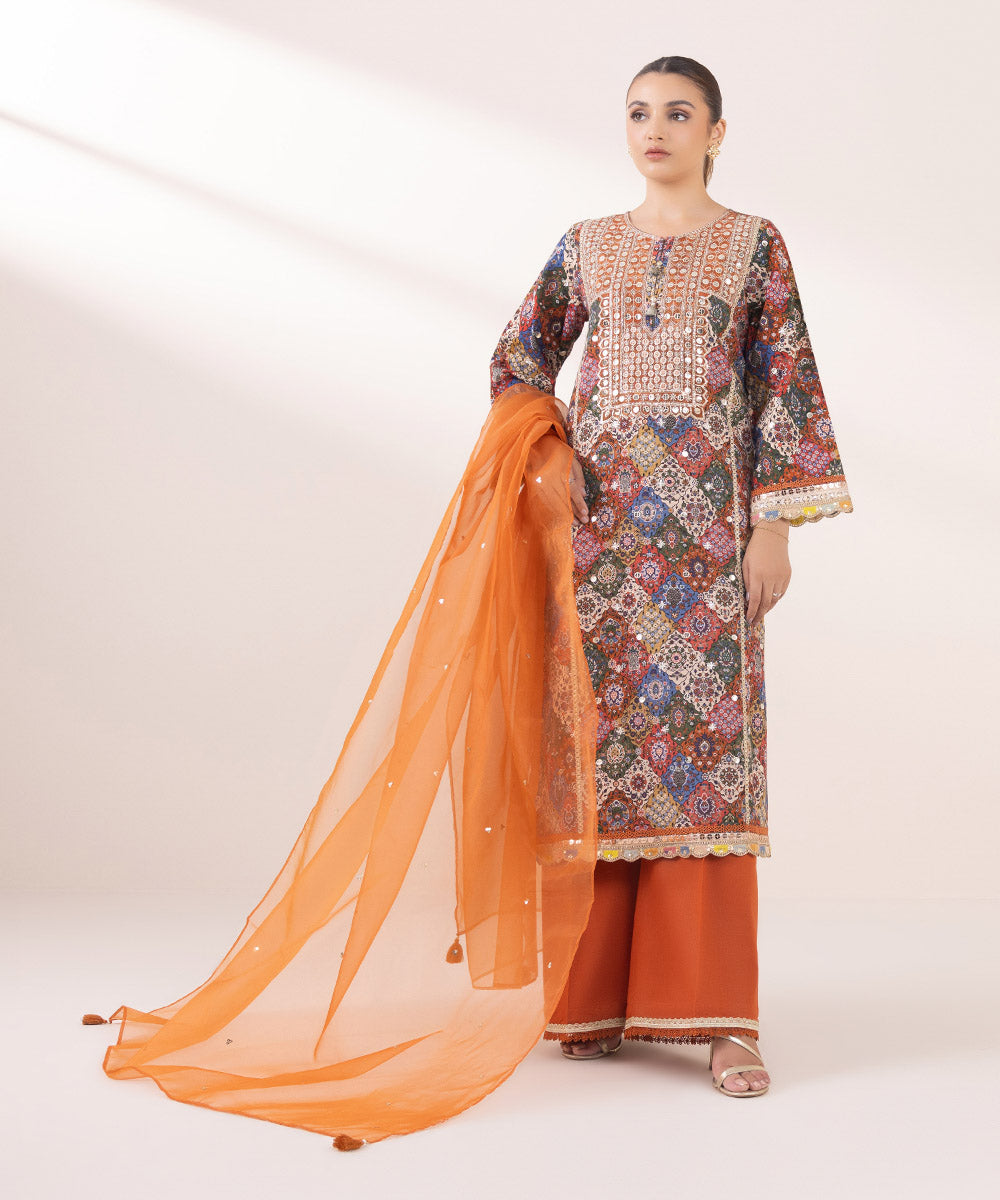 Blended Organza Orange Solid Dupatta