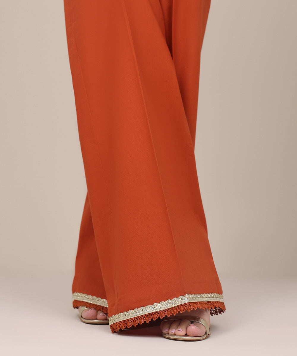 Women's Pret Khaddar Orange Solid Flared Pants