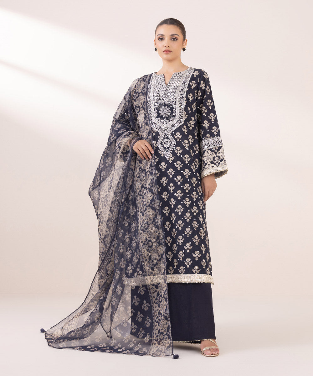 Blended Organza Blue Printed Dupatta