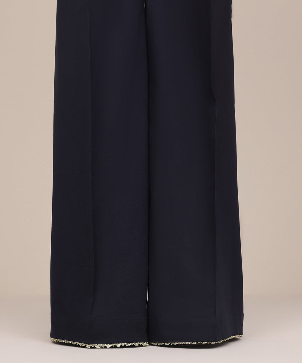 Women's Pret Khaddar Blue Solid Flared Pants