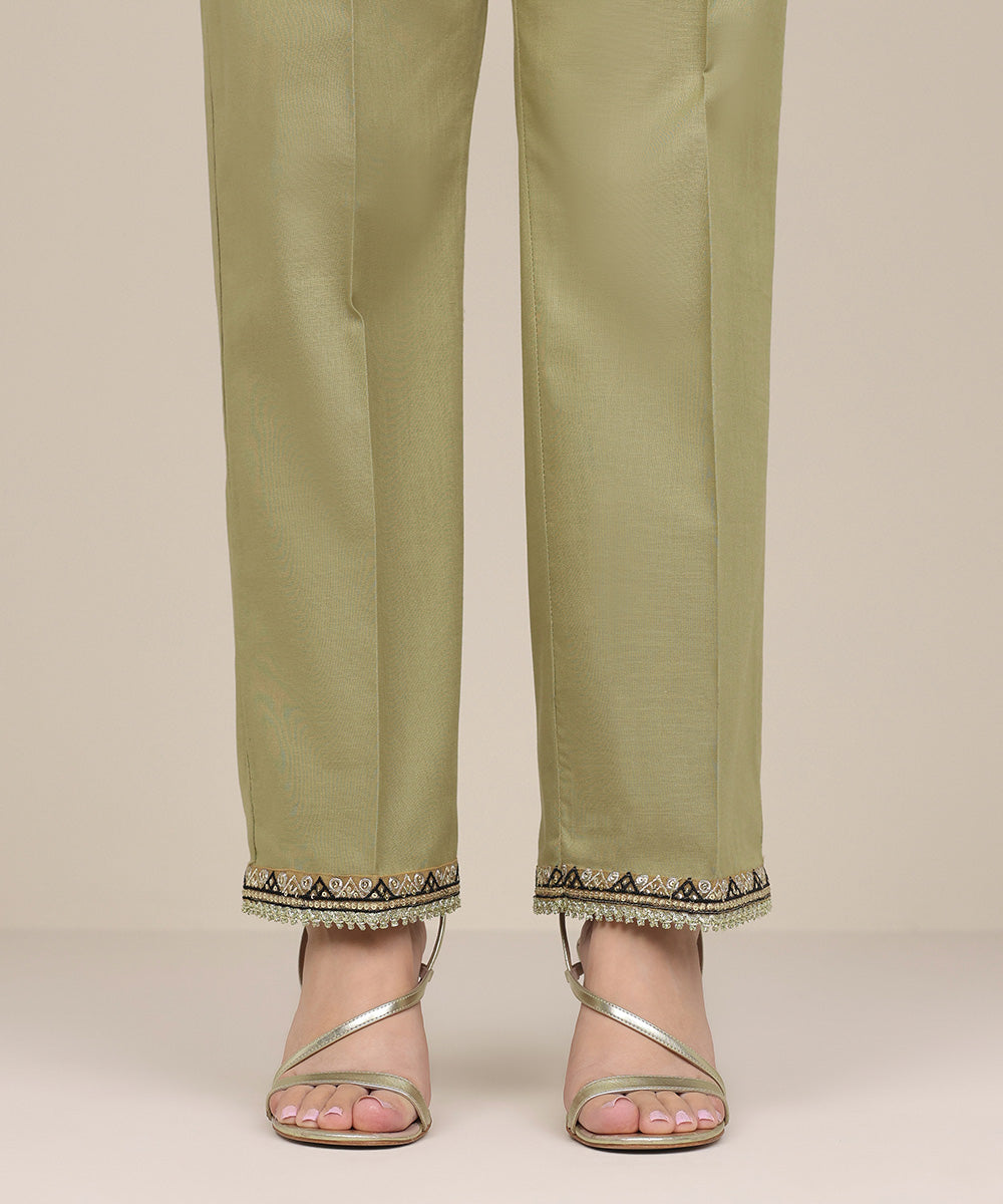 Women's Pret Khaddar Green Embroidered Straight Pants