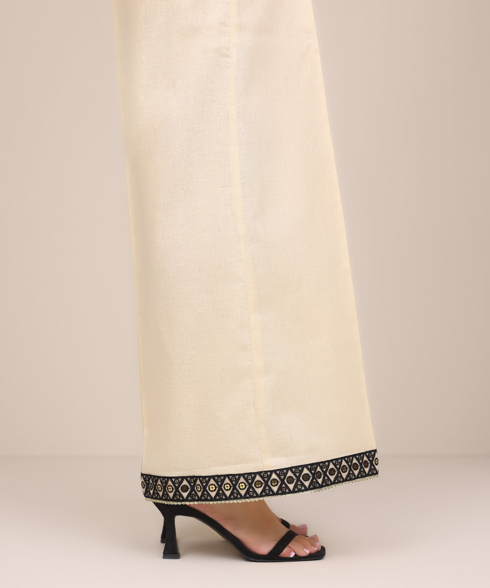 Women's Pret Khaddar Off White Embroidered Flared Pants