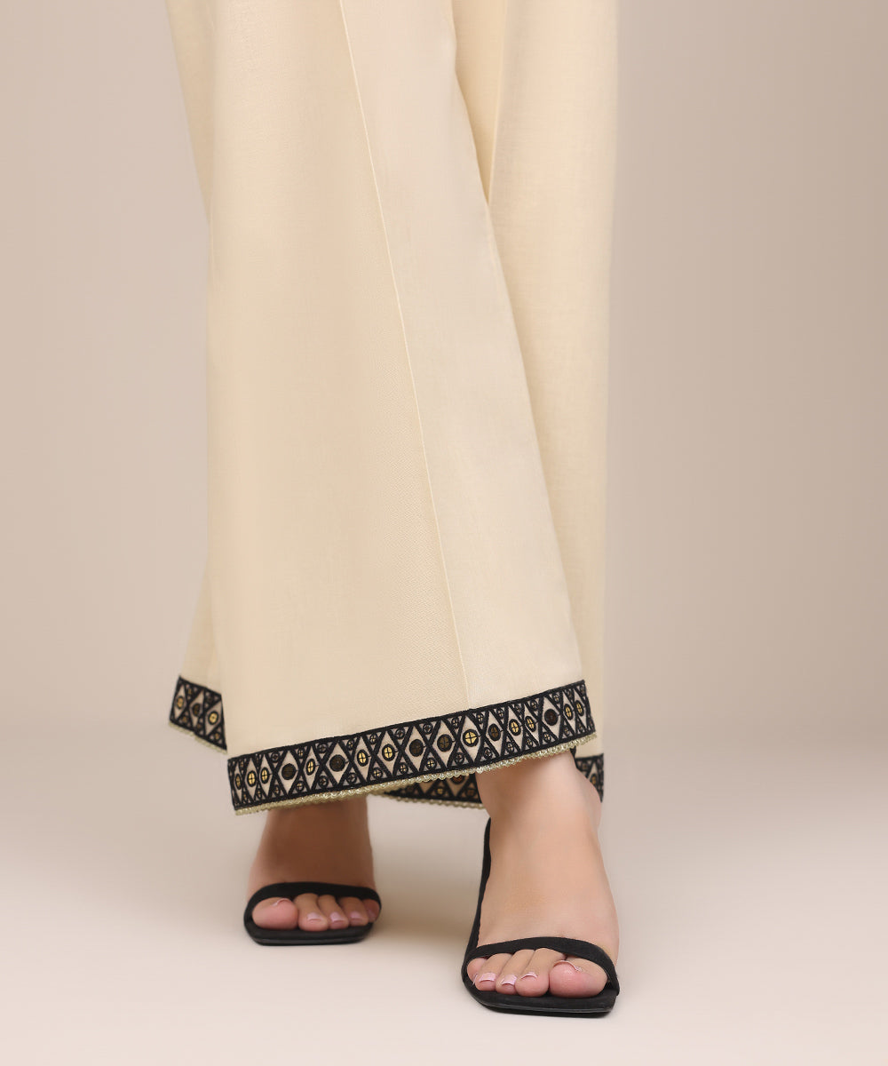 Women's Pret Khaddar Off White Embroidered Flared Pants