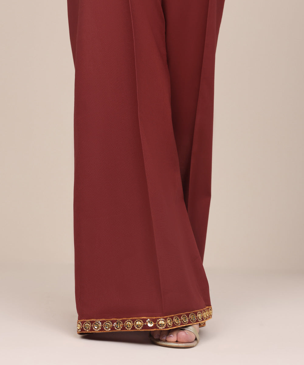 Women's Pret Khaddar Red Embroidered Flared Pants