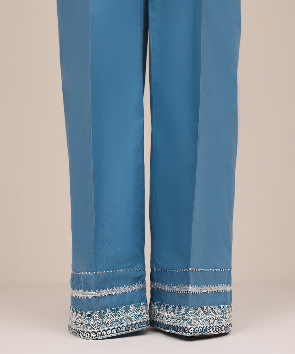 Women's Pret Khaddar Blue Embroidered Flared Pants