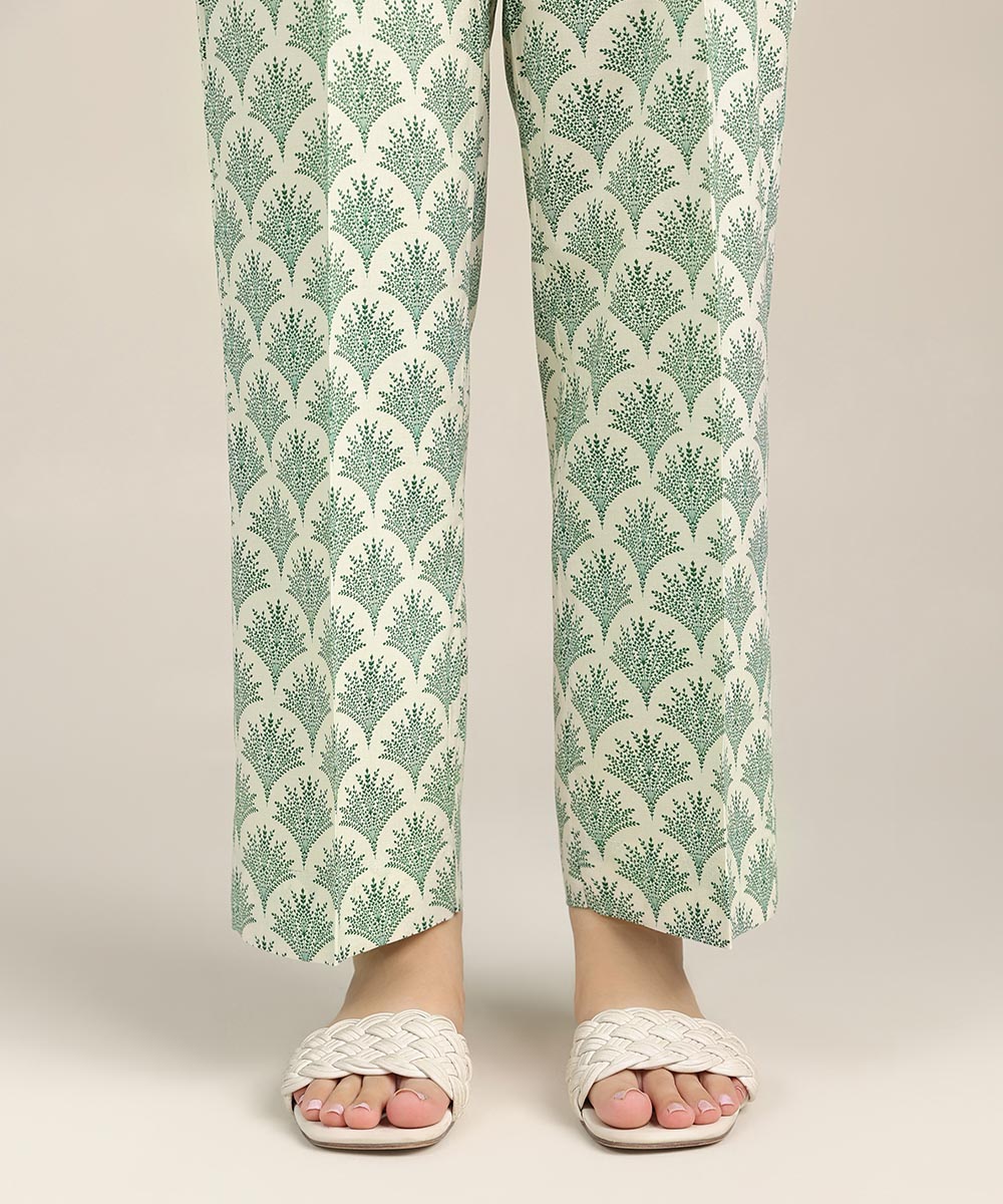 Women's Pret Cotton Viscose Green Printed Straight Pants