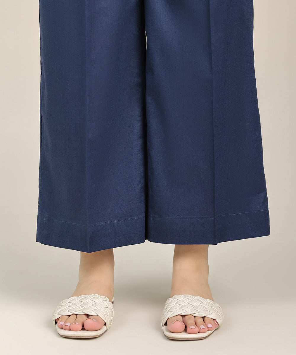 Women's Pret Cotton Viscose Blue Solid Straight Pants