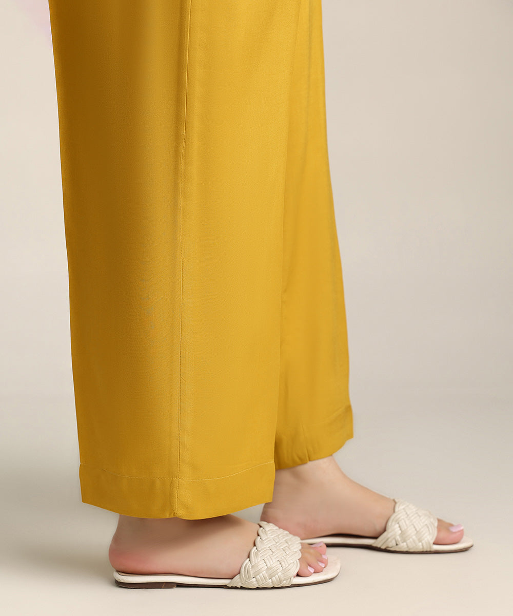 Women's Pret Cotton Viscose Yellow Solid Straight Pants