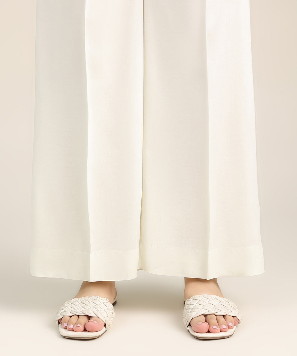 Women's Pret Linen Off White Solid Culottes