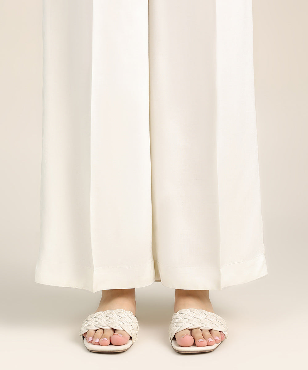 Women's Pret Linen Off White Solid Culottes