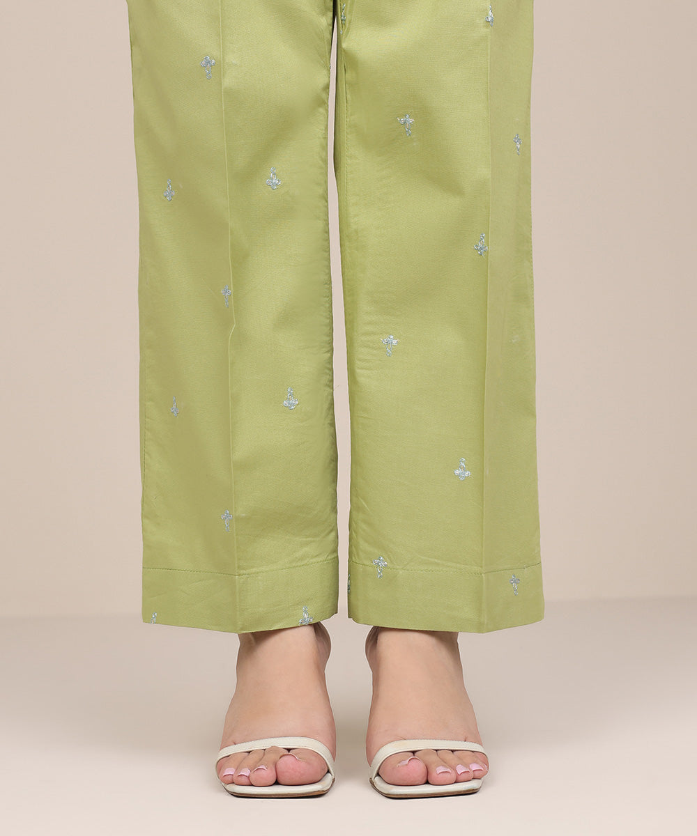 Women's Pret Cambric Green Embroidered Straight Pants