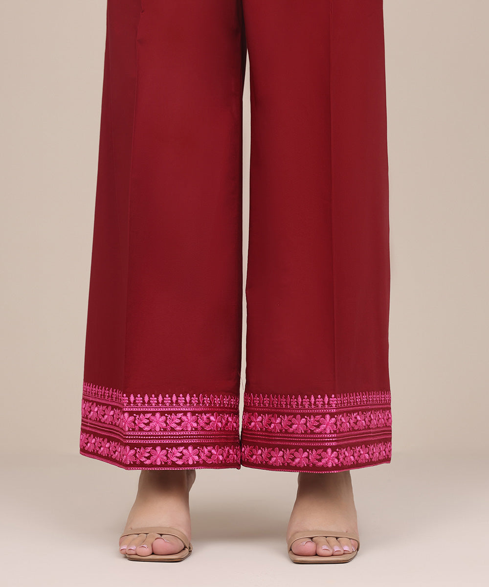 Women's Pret Cambric Red Embroidered Flared Pants