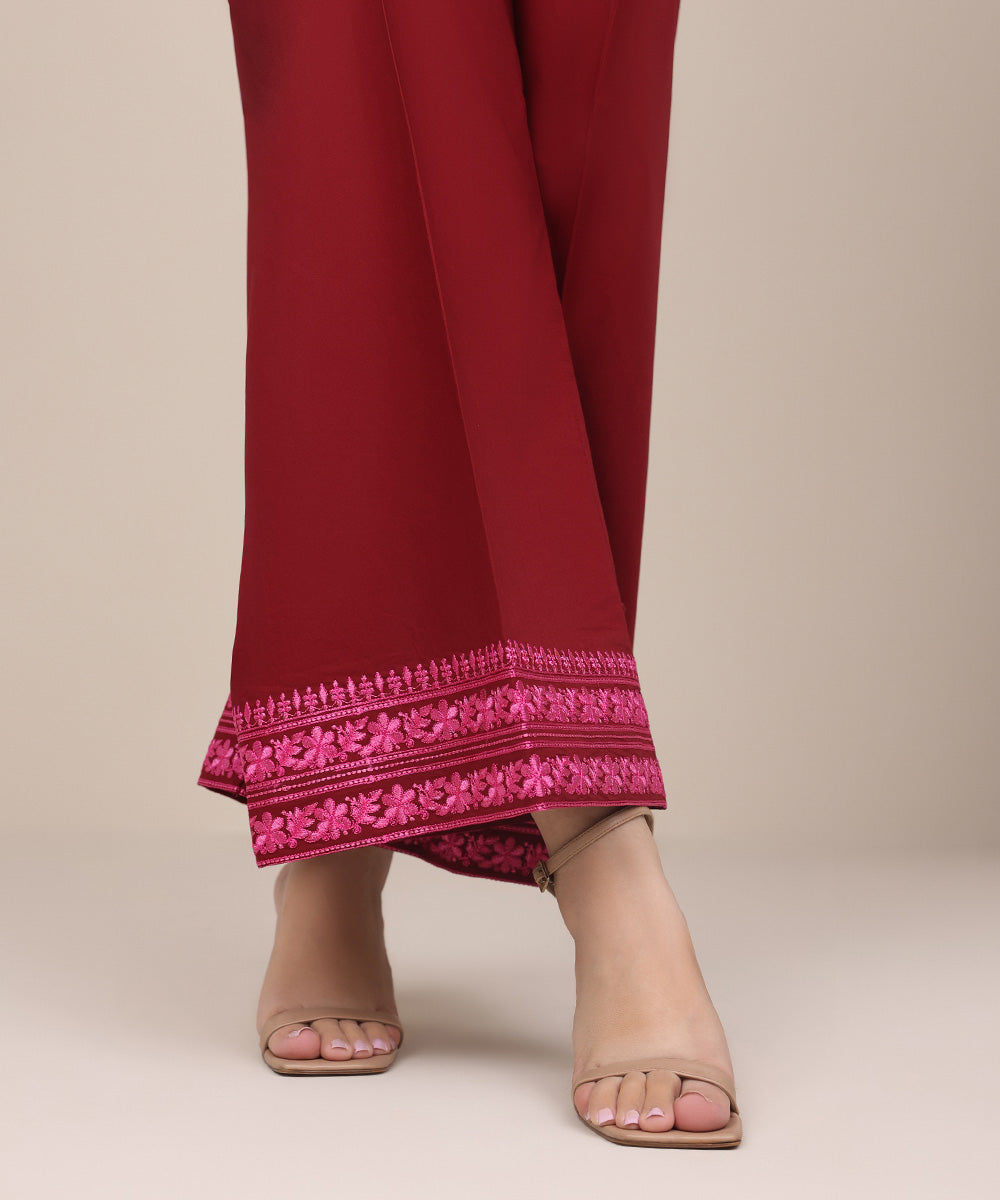 Women's Pret Cambric Red Embroidered Flared Pants