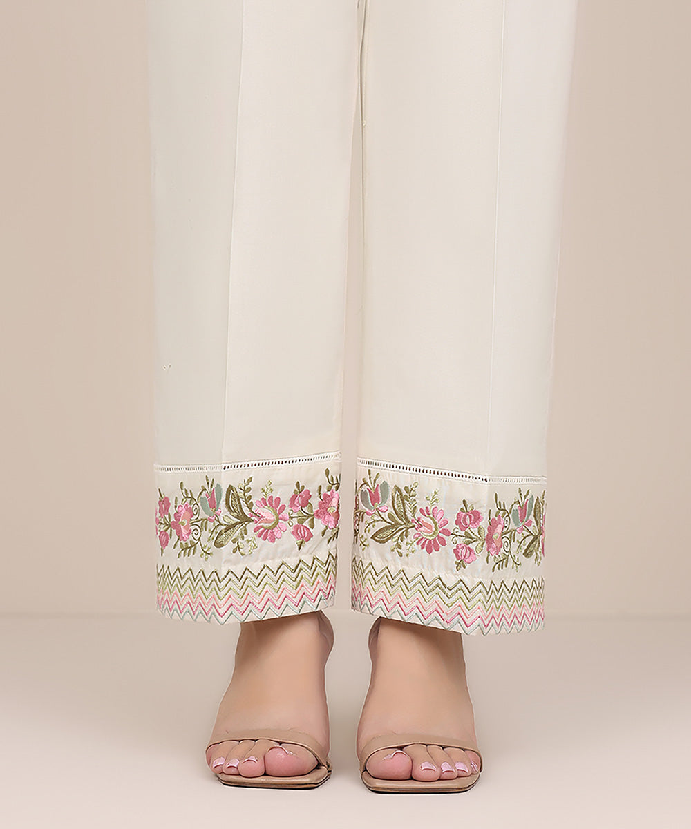 Women's Pret Cambric Off White Embroidered Straight Pants