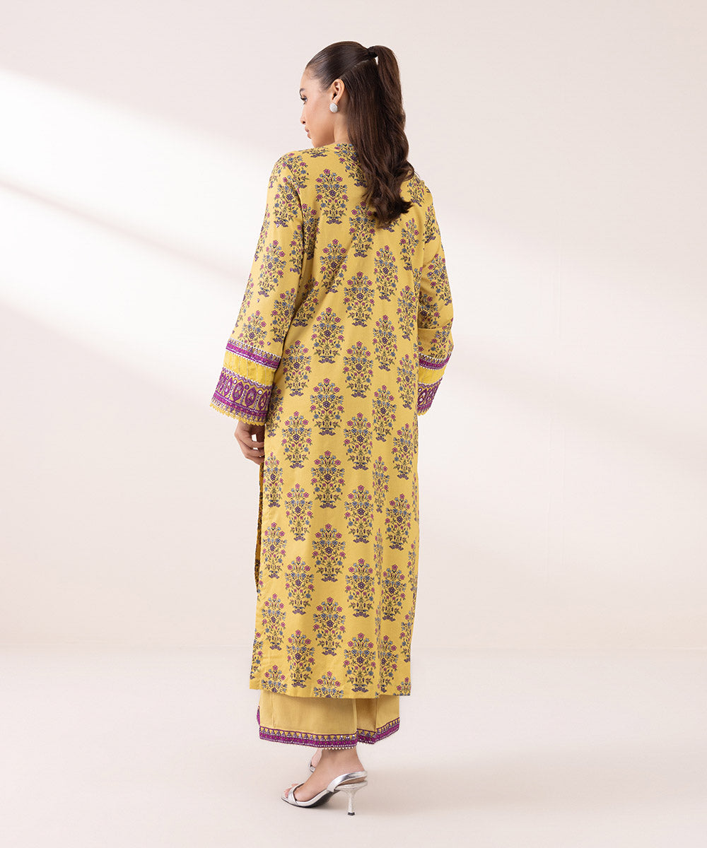 Women's Pret Cotton Viscose Yellow Embroidered A-Line Shirt