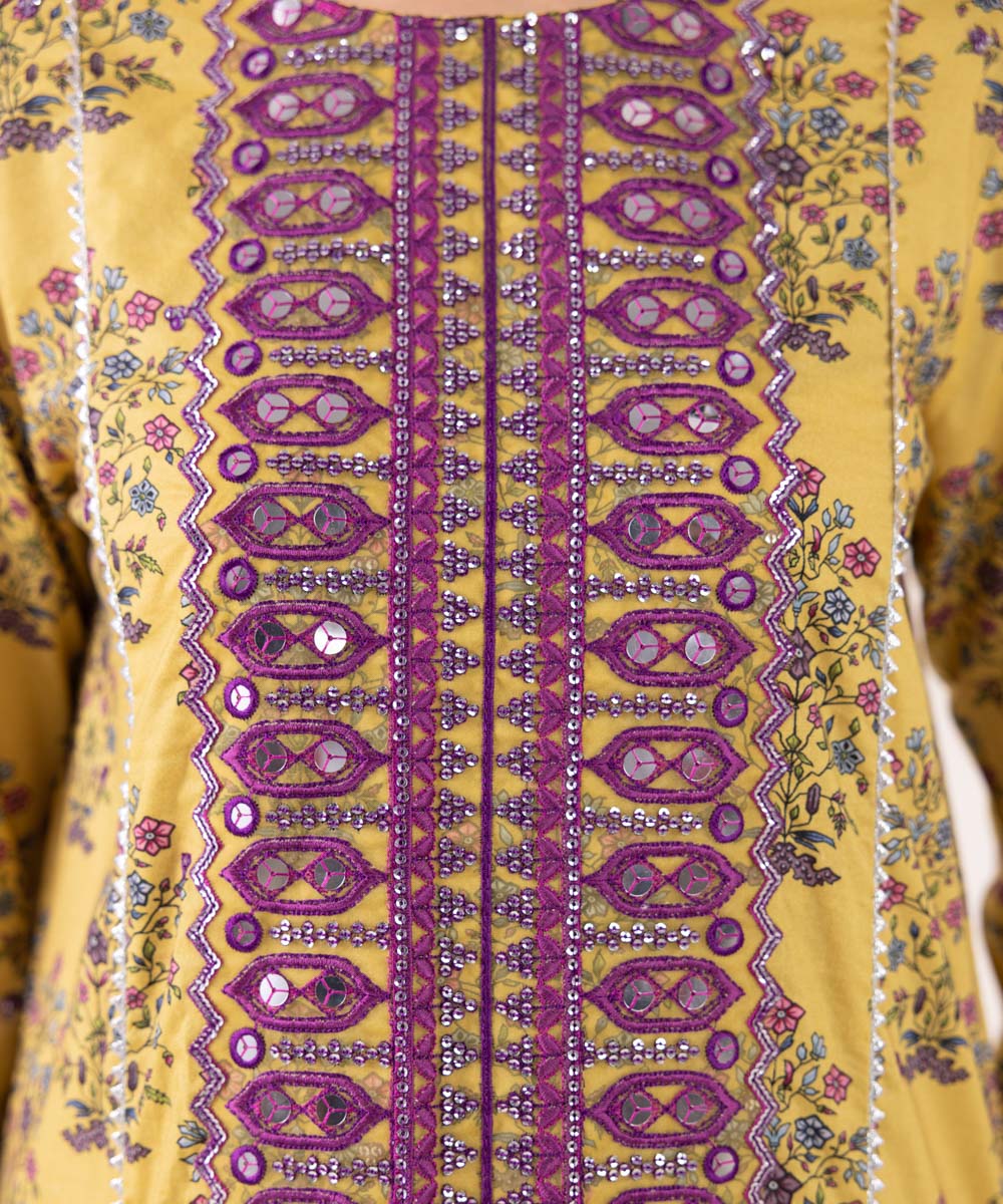 Women's Pret Cotton Viscose Yellow Embroidered A-Line Shirt