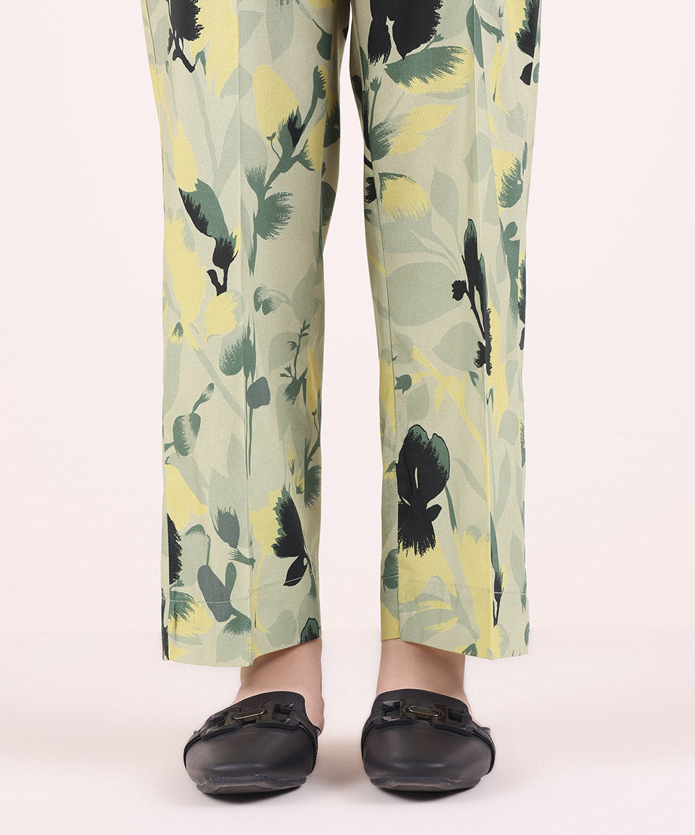 Women's Pret Cotton Viscose Printed Sage Green Straight Pants