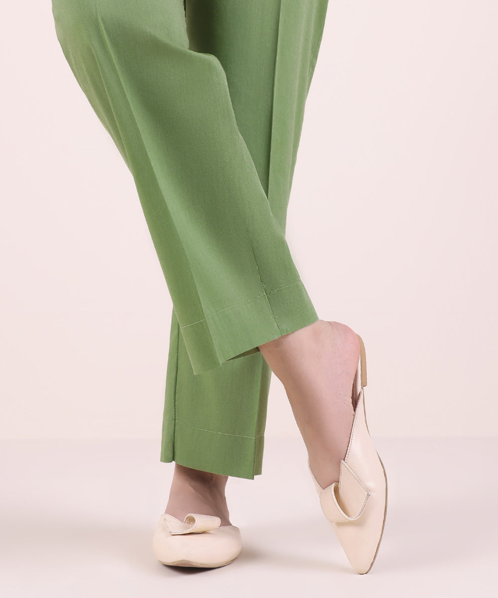 Women's Pret Cotton Viscose Solid Sage Green Straight Pants