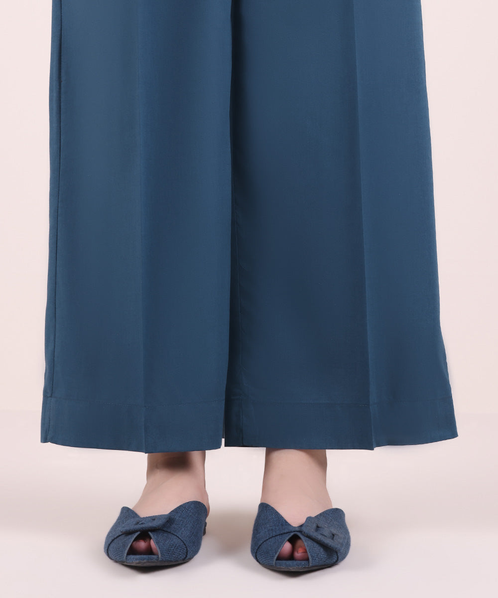 Women's Pret Cotton Viscose Solid Sea Blue Culottes