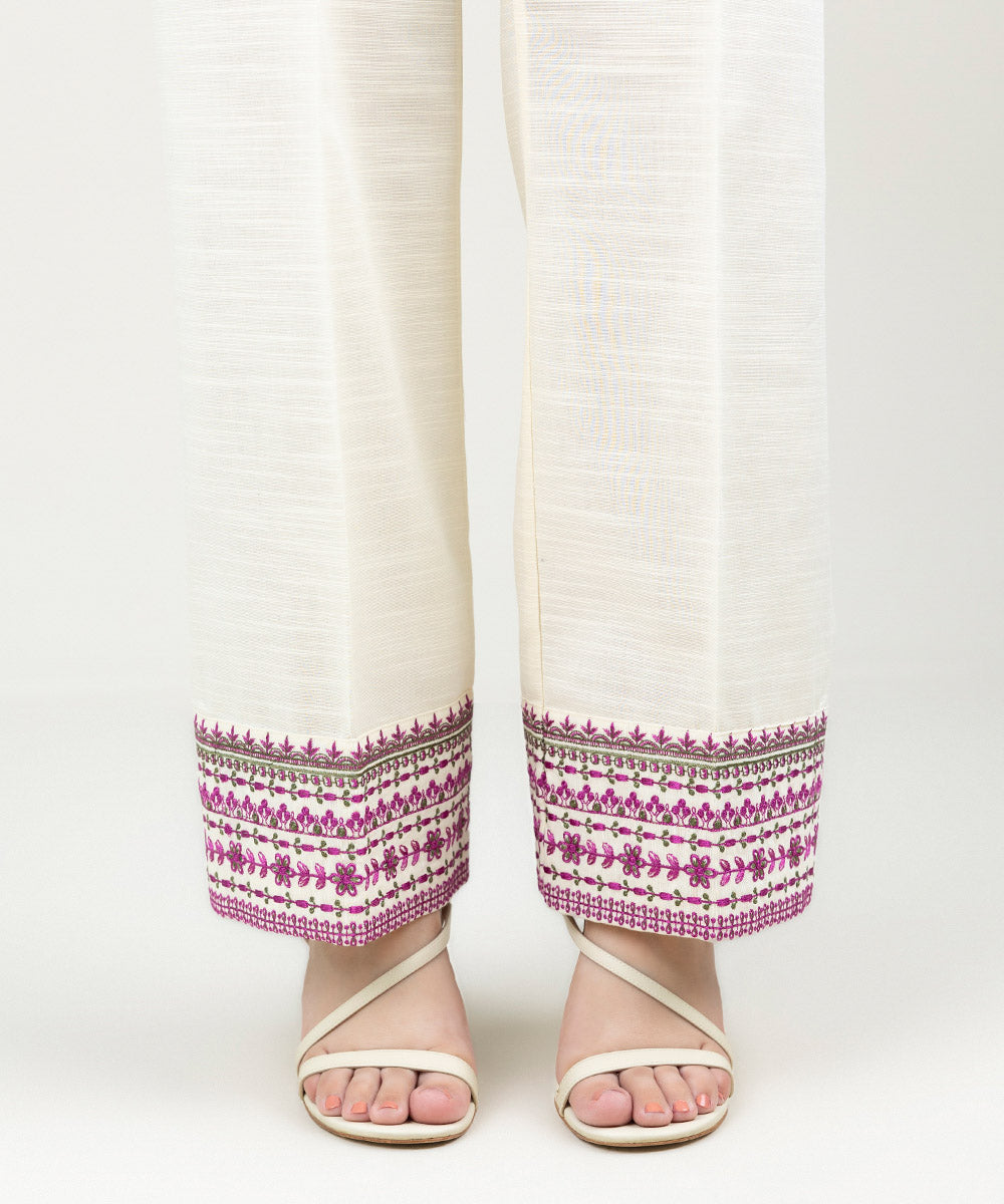 Women's Pret Khaddar Embroidered Cream White Straight Pants