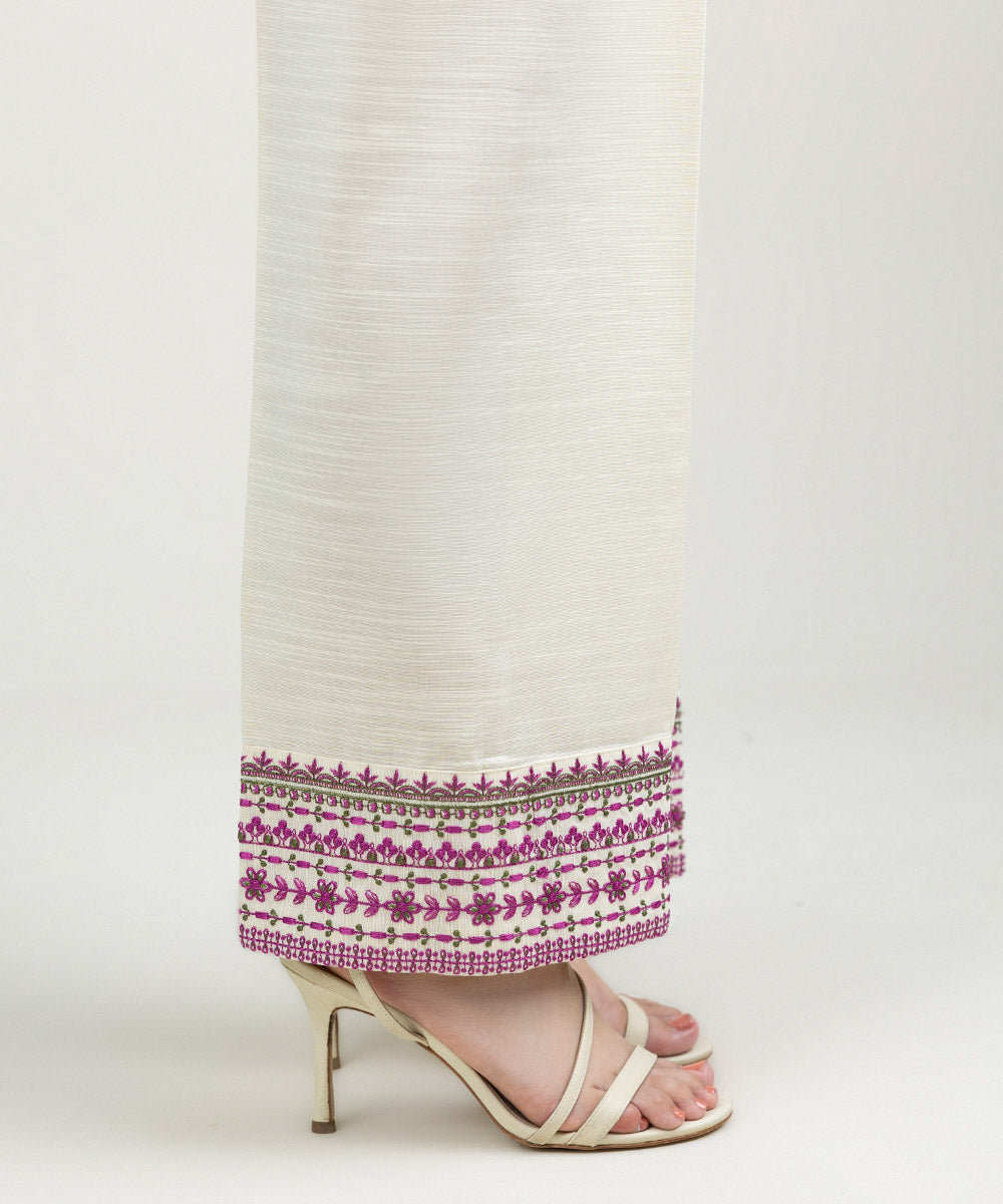 Women's Pret Khaddar Embroidered Cream White Straight Pants