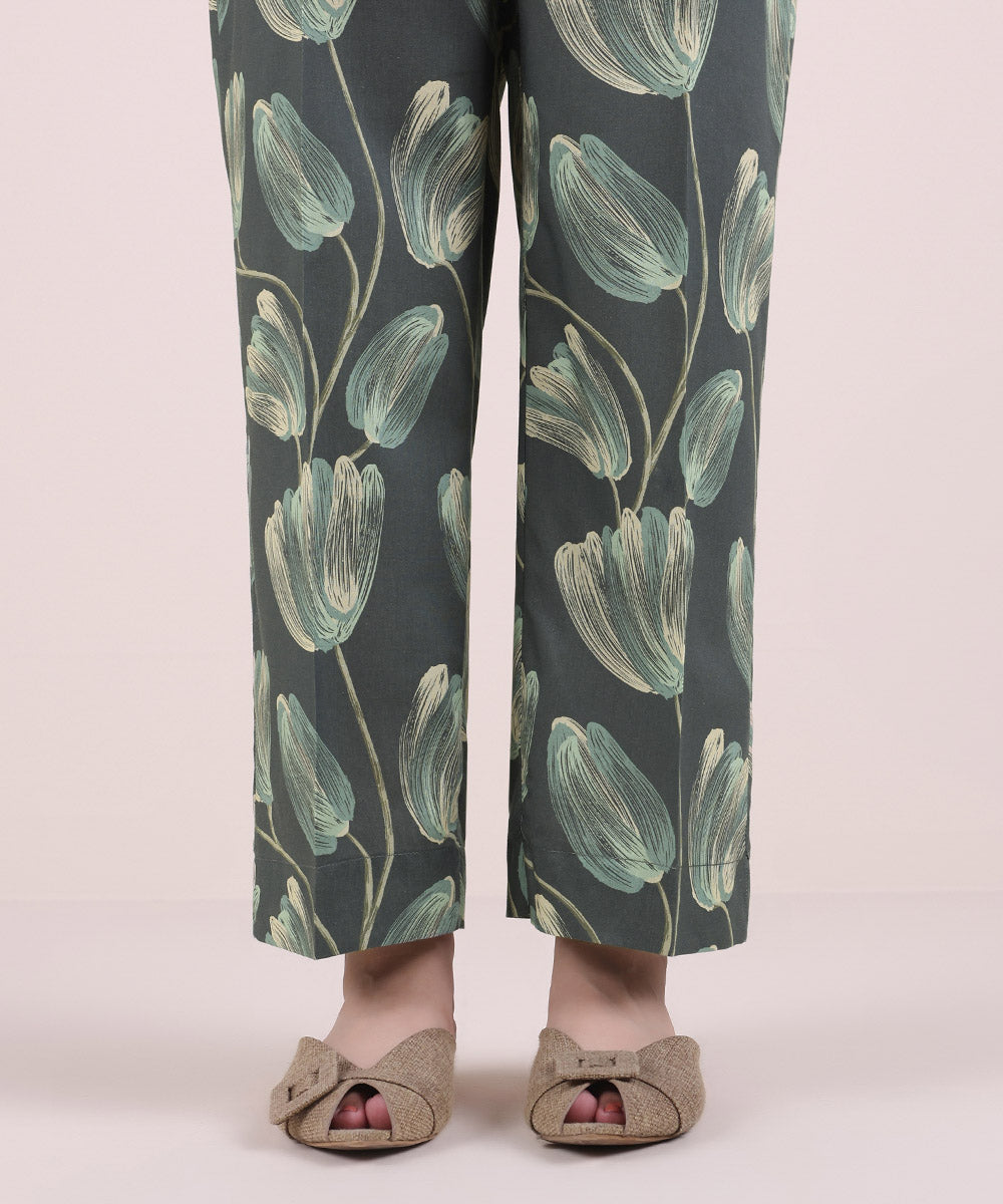 Women's Pret Cotton Viscose Printed Grey Green Straight Pants