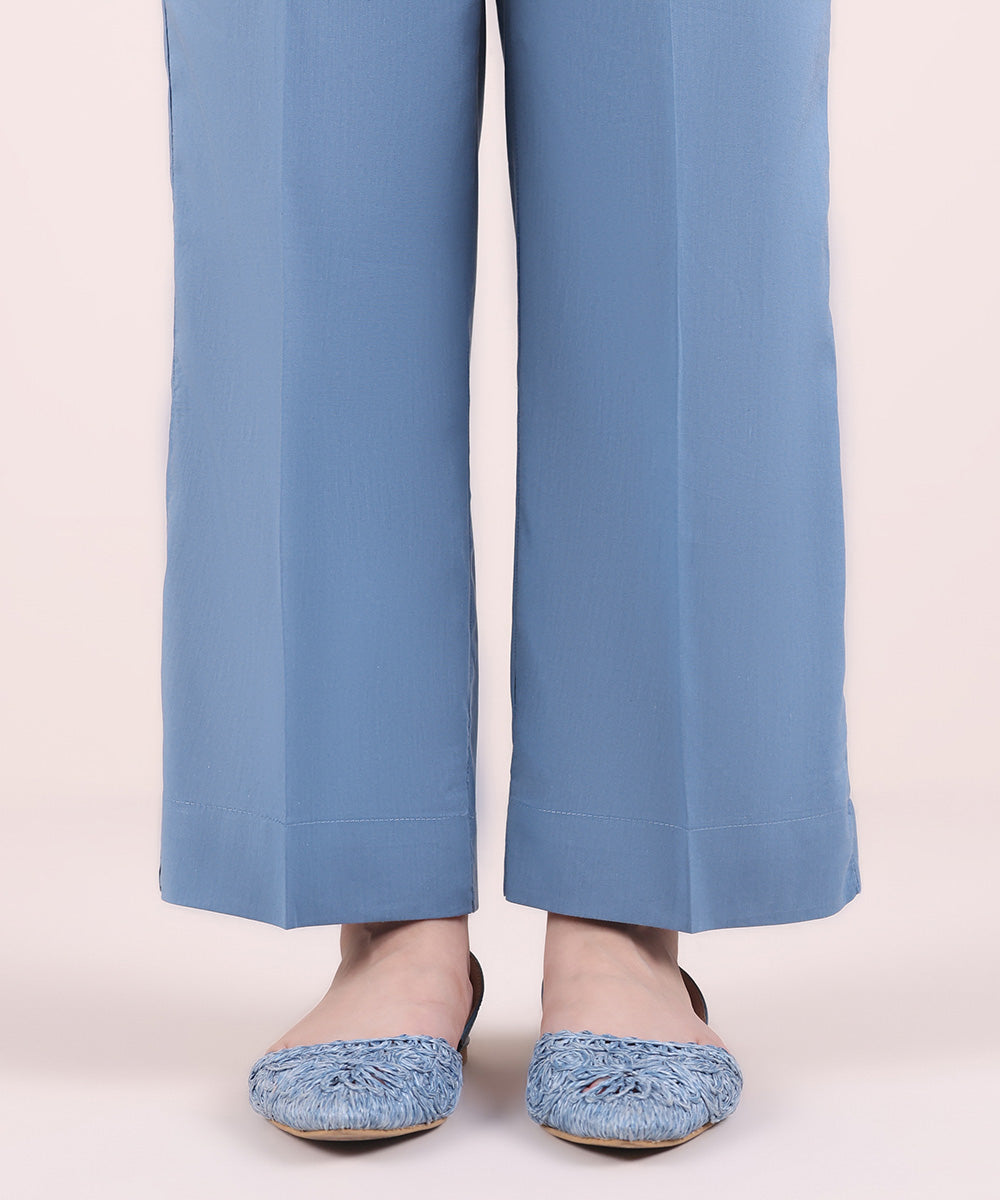 Women's Pret Cotton Viscose Solid Steel Blue Straight Pants