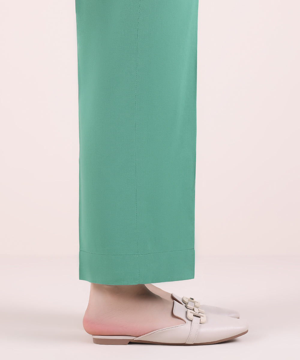 Women's Pret Cotton Viscose Solid Turquoise Straight Pants