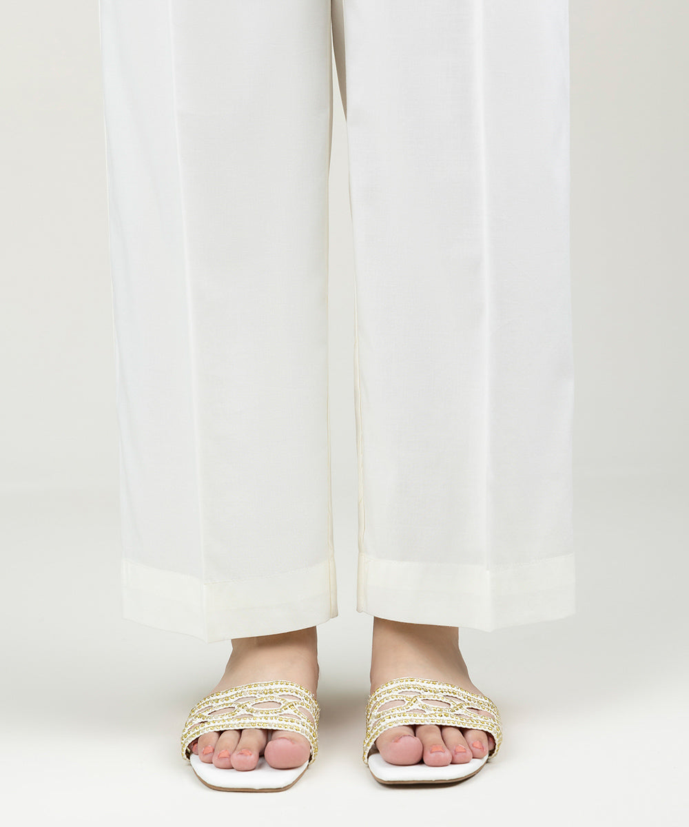 Women's Pret Cotton Viscose Solid Off White Straight Pants