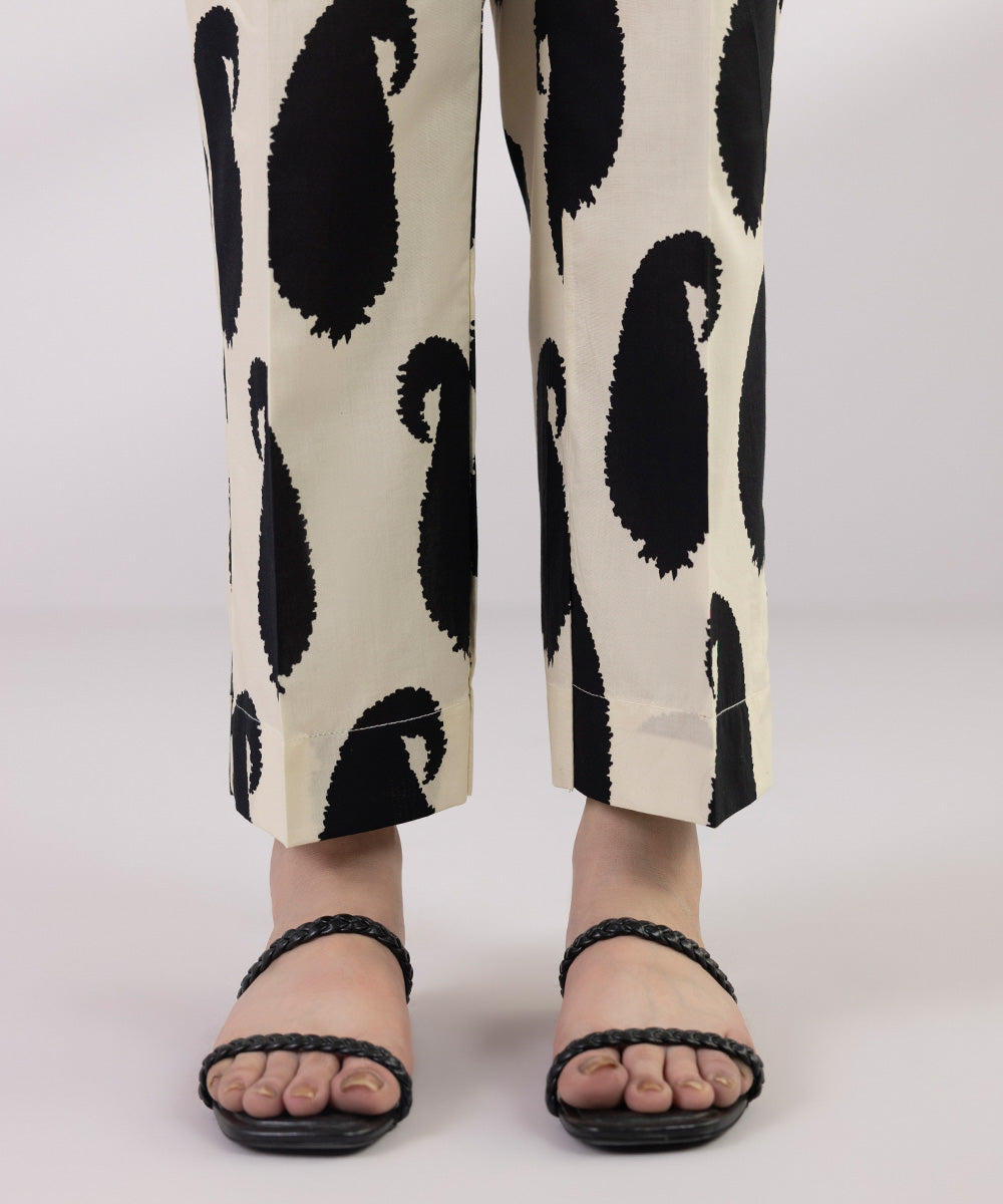 Women's Pret Cambric Printed Off White Straight Pants